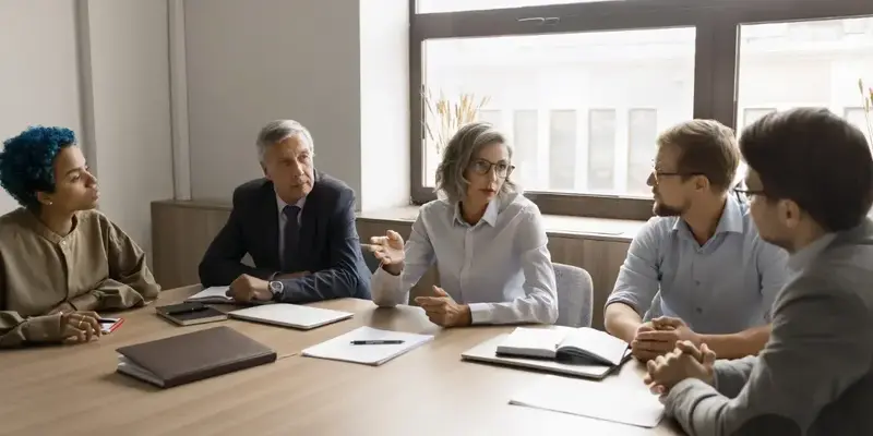 A business team having a serious discussion around a boardroom table